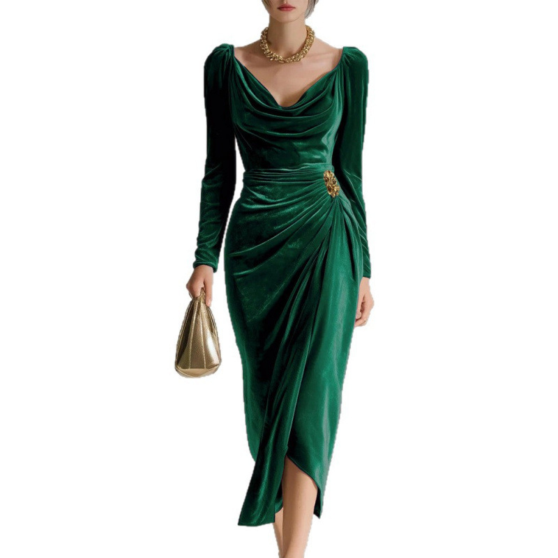 Women's Velvet Long Sleeve Ruched High Slit Bodycon Dress