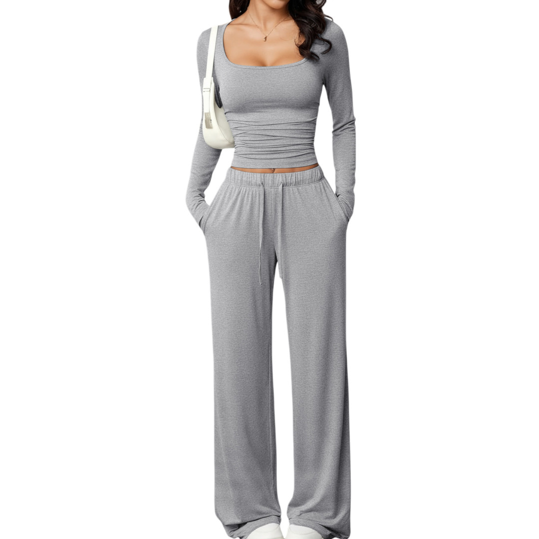 Women's Long Sleeve Drawstring Top & Wide-Leg Pants Two-Piece Set