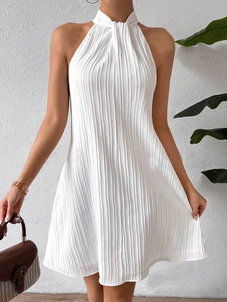 Women's Halter Neck Pleated Cross Short Dress