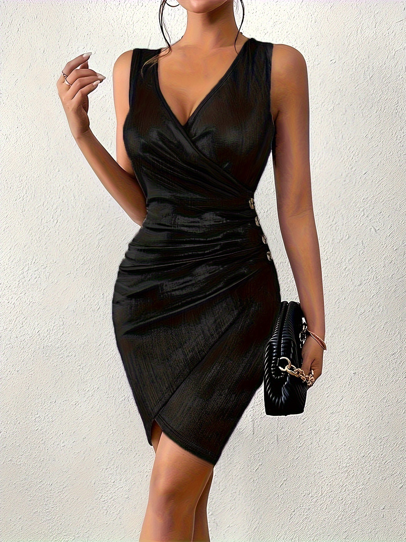 Sexy V-Neck Bodycon Dress with Colorblock Button Accents