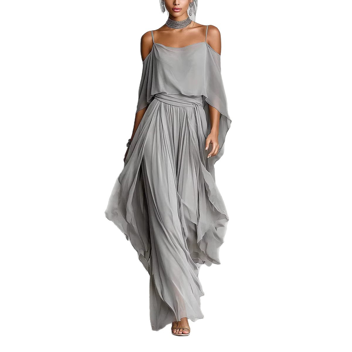 Sleeveless Off-Shoulder Chiffon Top and Asymmetric Pants Set