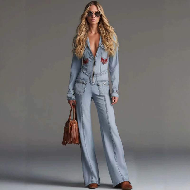 Retro Blue Red Fringe Zip Jumpsuit