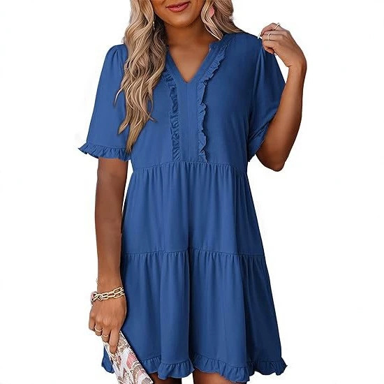 Women's Loose V-Neck Short Sleeve Ruffle Hem Casual Dress