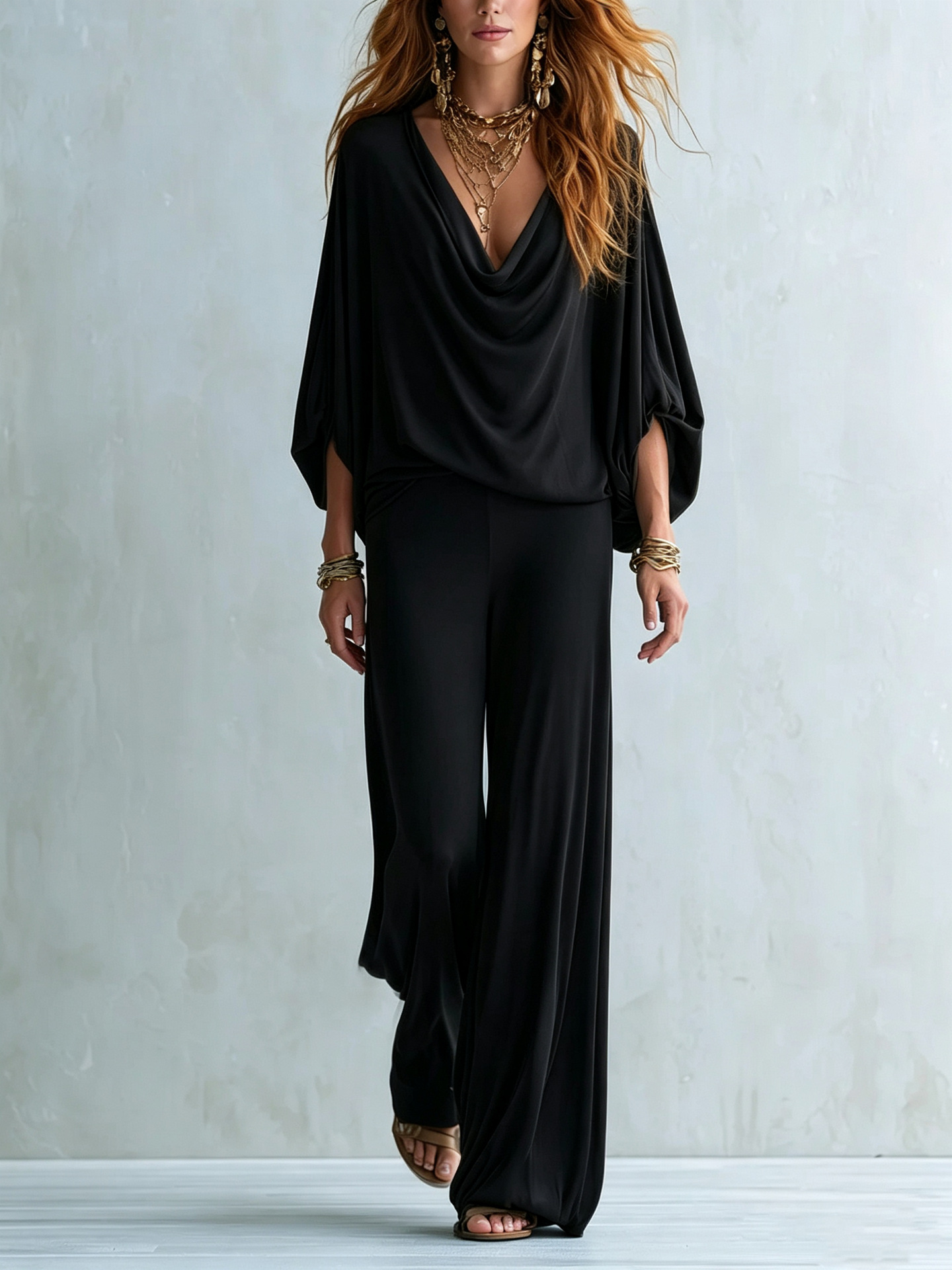 Bohemian Solid Color Cowl Neck Batwing Sleeve Top and Wide-Leg Pants Set