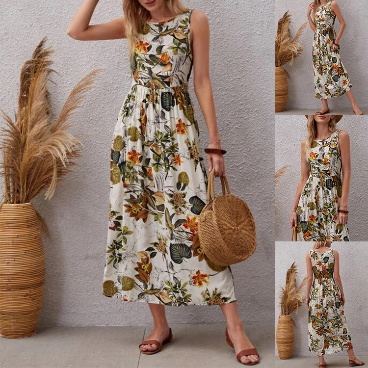 Women's Sleeveless Floral Print A-Line Midi Dress