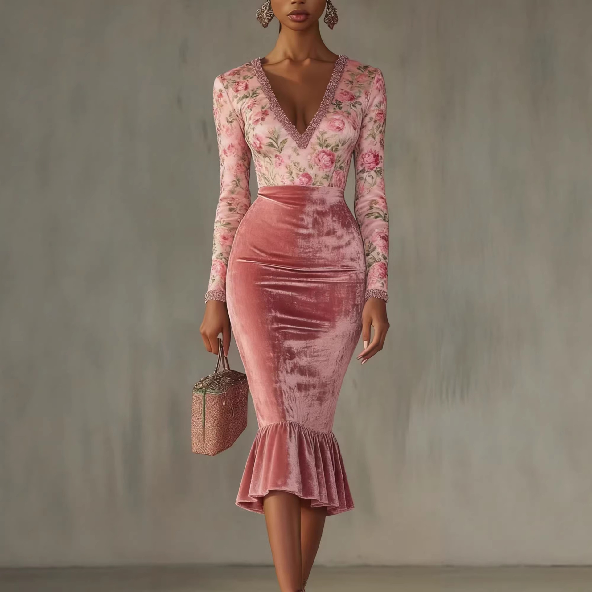 New Chinese Style Velvet Bodycon Midi Dress with Cutout