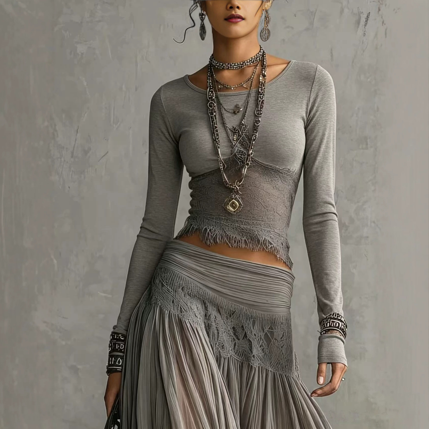 Gray Knit Top & Chiffon Maxi Skirt Two-Piece Set