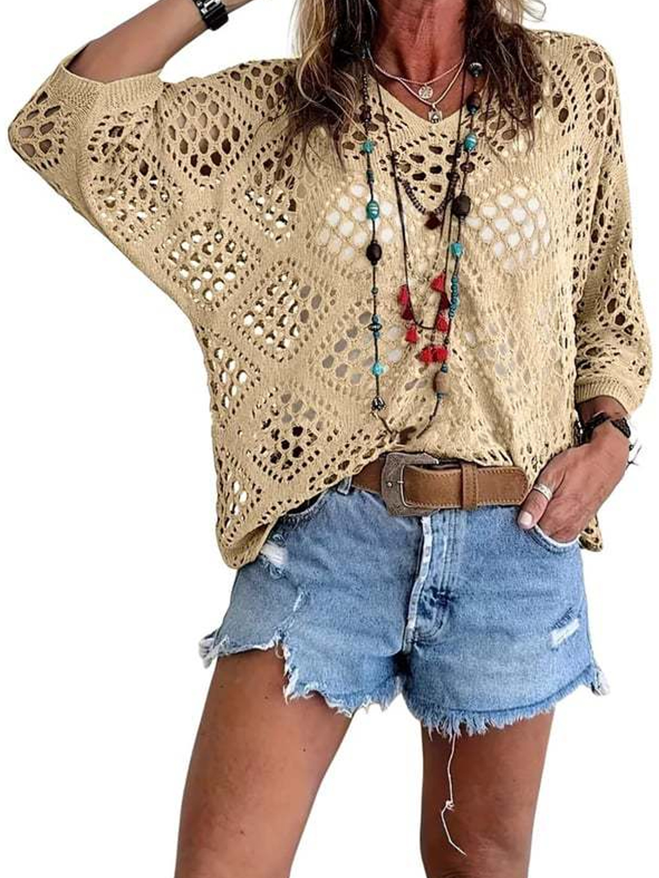 V-Neck Diamond Openwork Batwing Sleeve Knit Sweater Top