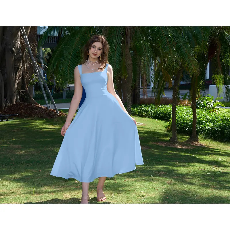 Women's Wide Strap Square Neck A-Line Midi Dress with Adjustable Waist