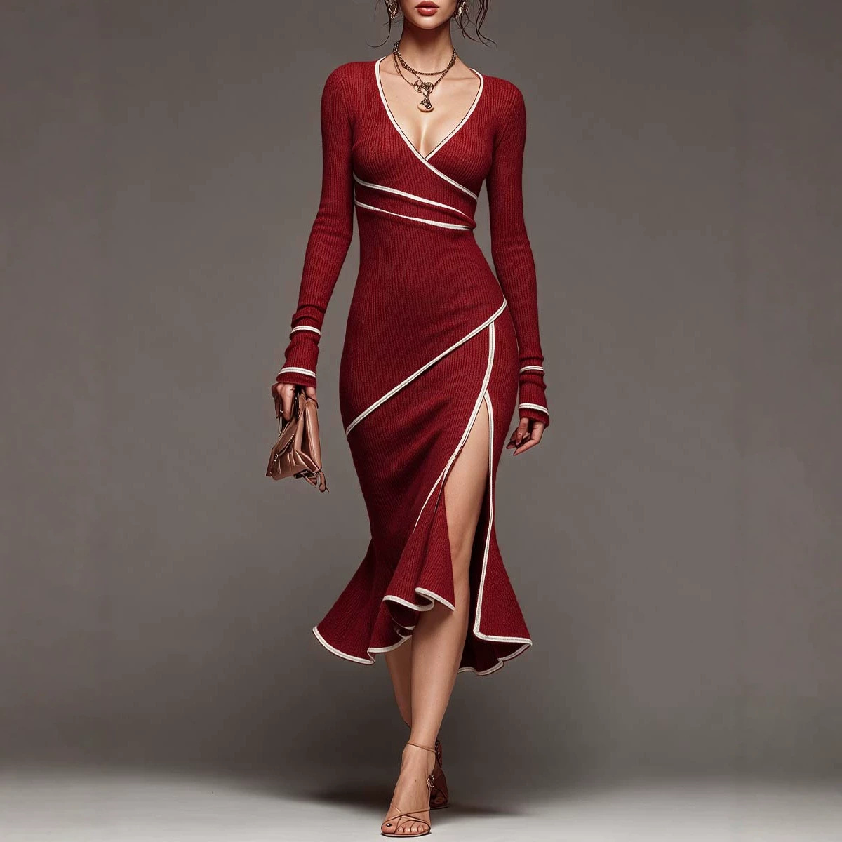 Wine Red Color-Block White Trim V-Neck Slit Mermaid Knit Dress