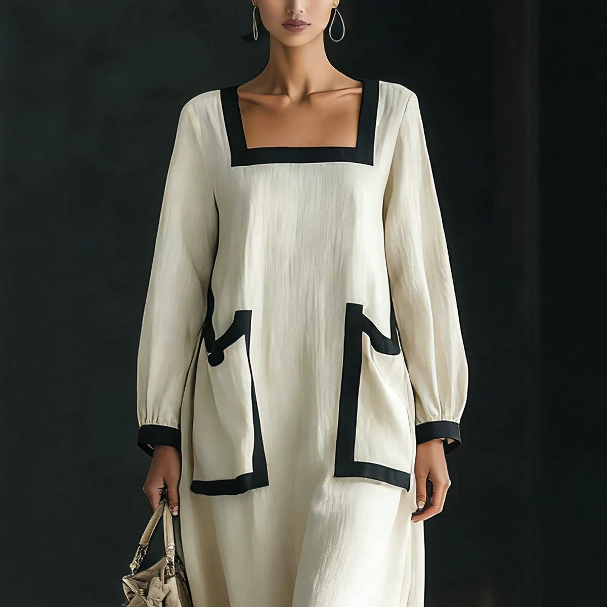 Square Neck Colorblock Trim Cotton-Linen Maxi Dress with Lantern Sleeves and Pockets