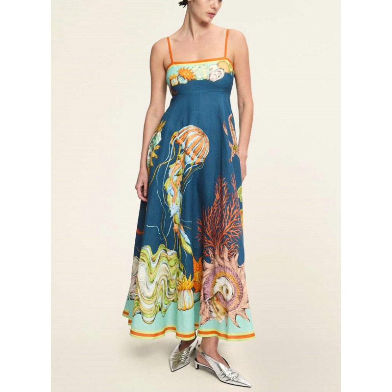 Women's Sleeveless Printed Linen Maxi Dress with Flowy Skirt
