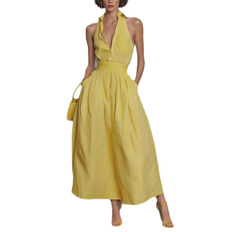Yellow Striped V-Neck Sleeveless A-Line Maxi Dress