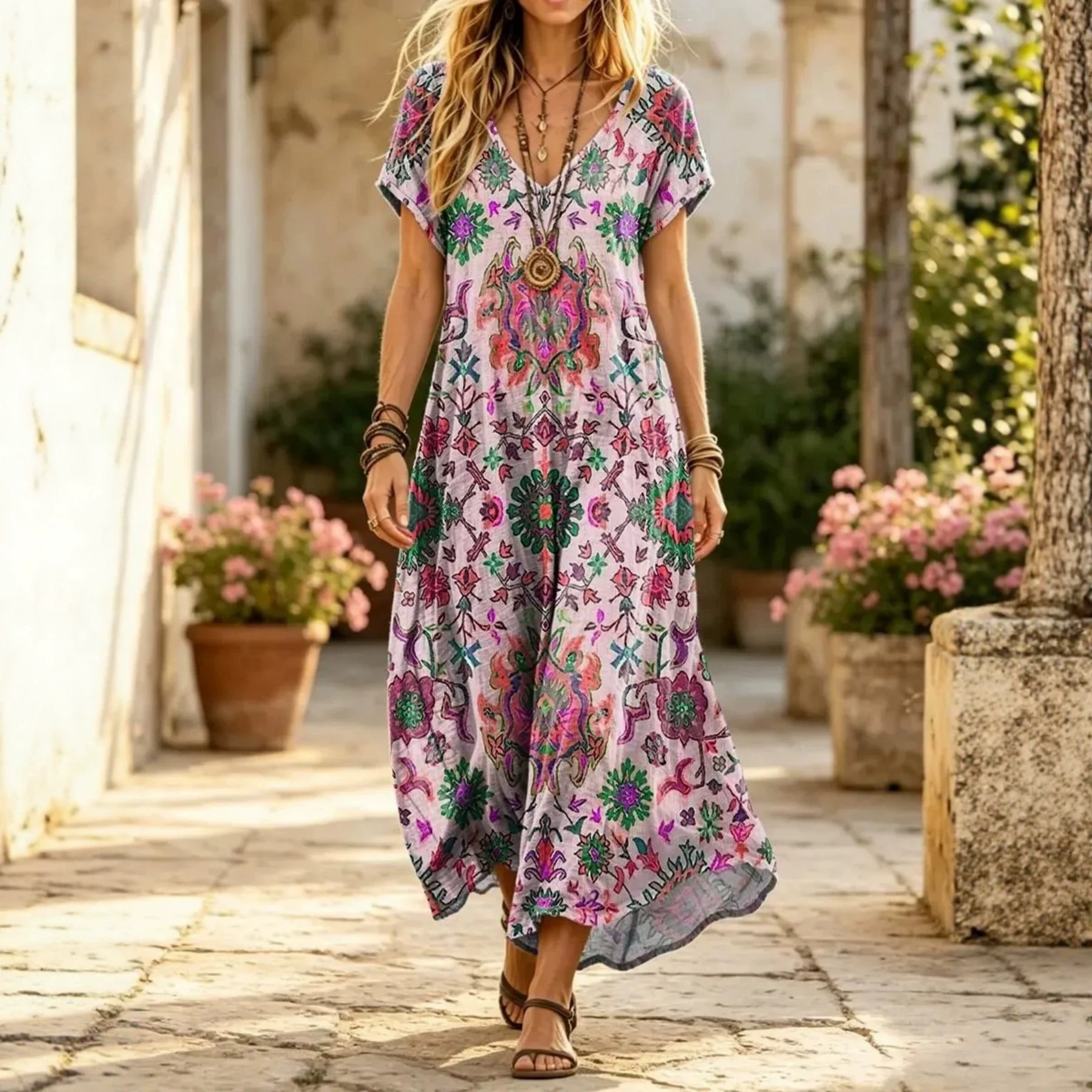 Women's Floral Print Midi Dress Short Sleeve Deep V-Neck Bodycon Casual