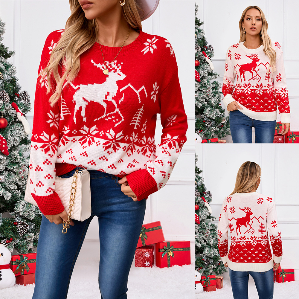 Christmas Tree Pullover Sweater Women's Plus Size Red Round Neck