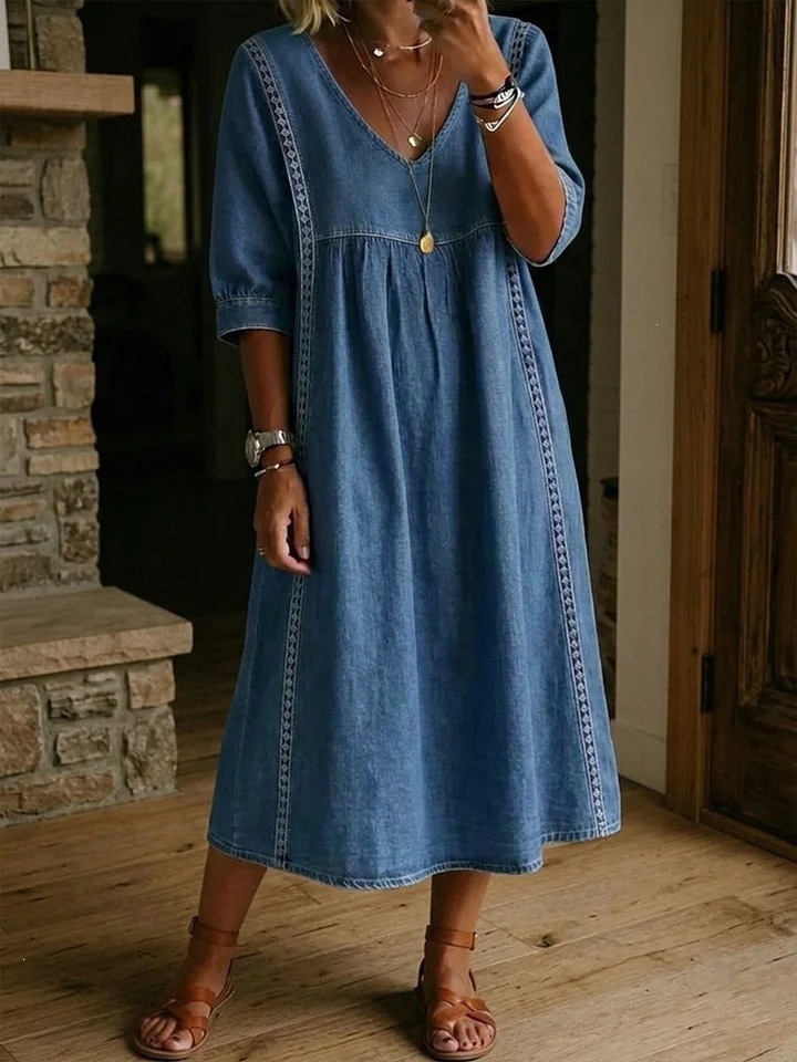 2026 Amazon New Summer European American Cotton Linen V-Neck Loose Slimming Seven-Tenths Sleeve Midi Women's Dress