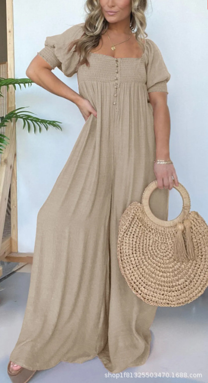 Plus Size Solid Color Puff Sleeve Ruched Jumpsuit
