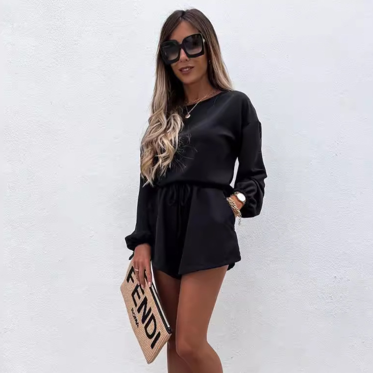 Women's Loose Casual Two-Piece Sport Set Long Sleeve Top & Shorts