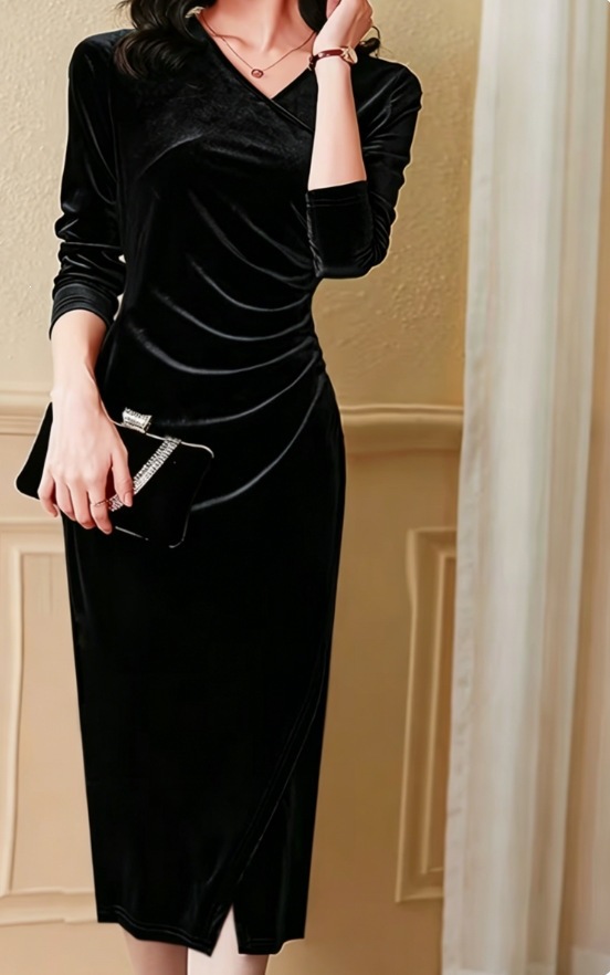 Pleated Velvet Long Sleeve V-Neck High Slit Evening Dress