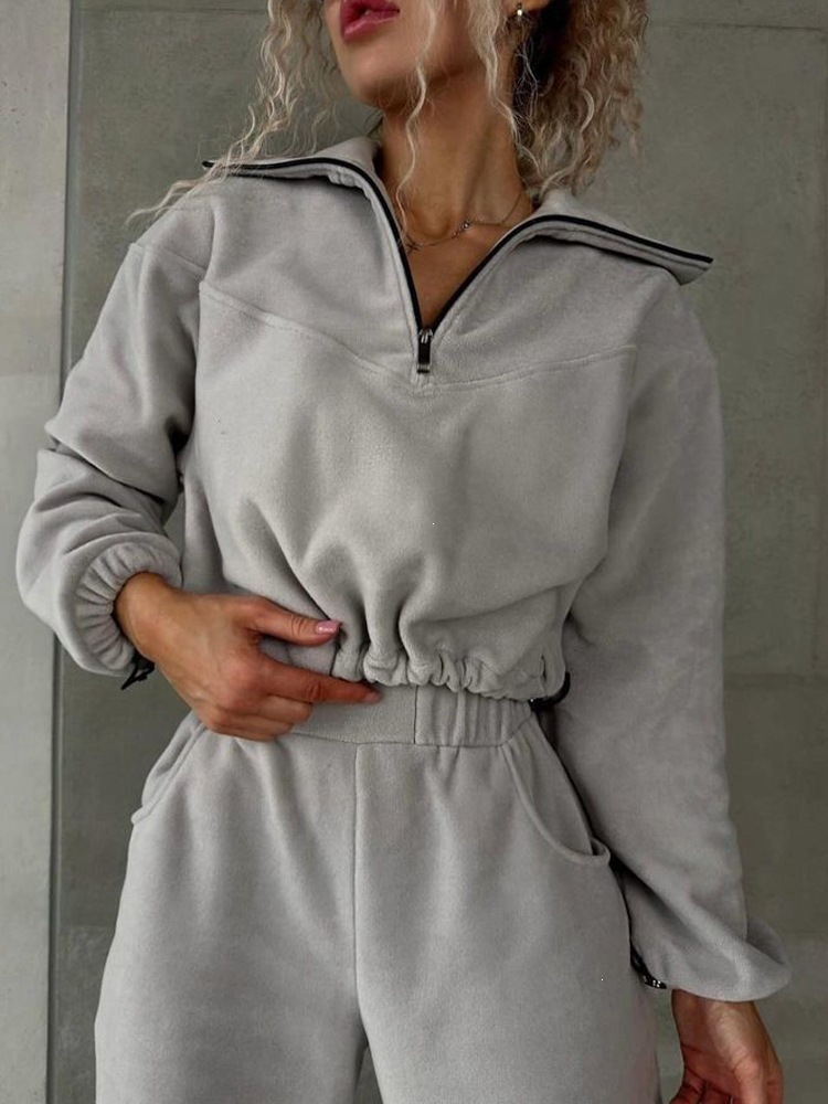 Fleece Two-Piece Set: Half-Zip Turtleneck Cropped Hoodie & High-Waist Joggers
