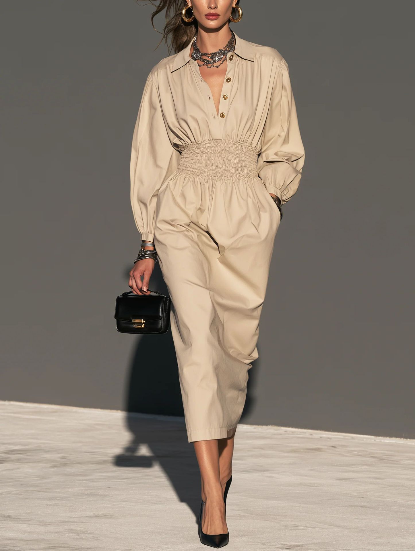 Collared Button Waist-Cinched A-Line Midi Dress