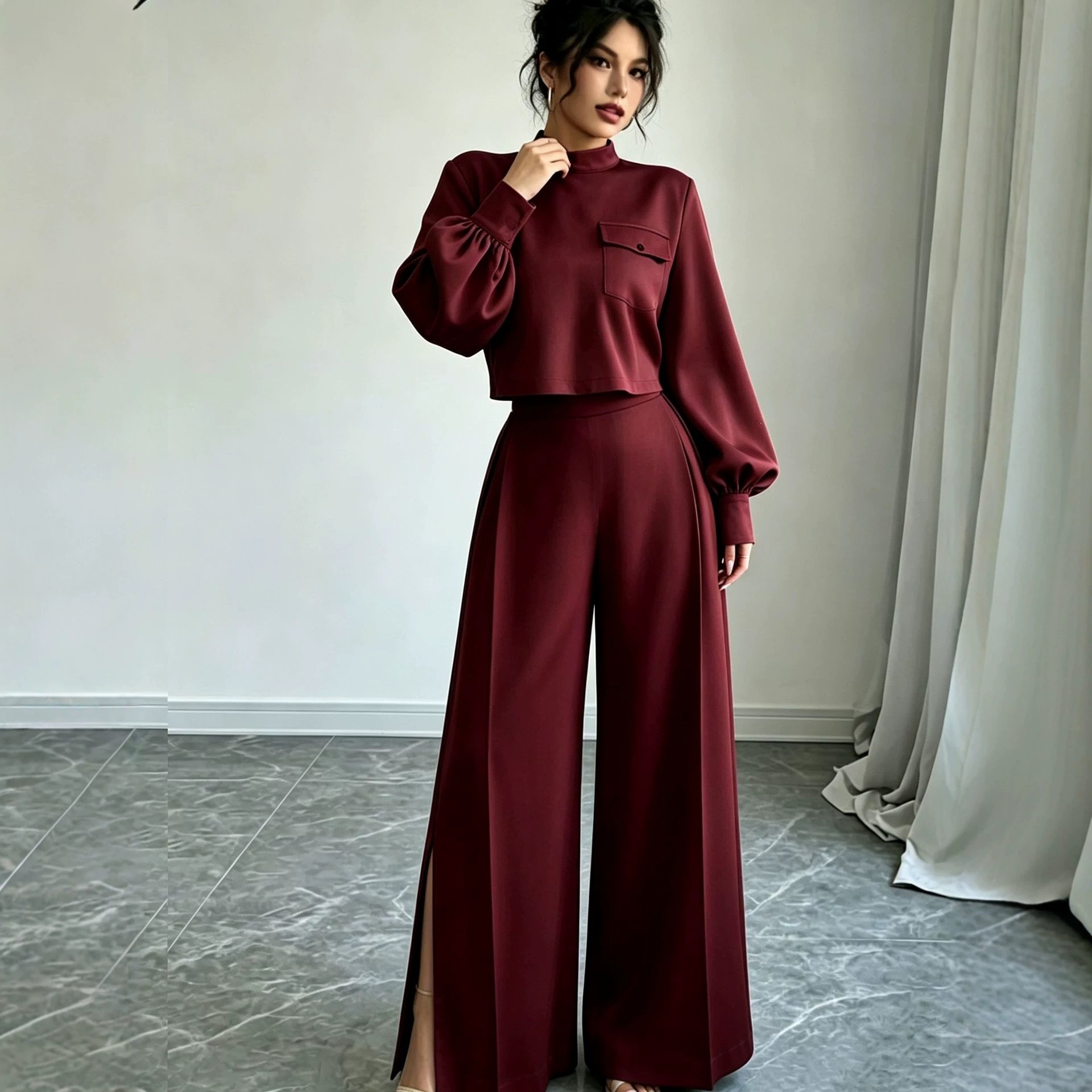 Women's Solid Color Wide-Leg Pants Set with Long-Sleeve Cropped Top