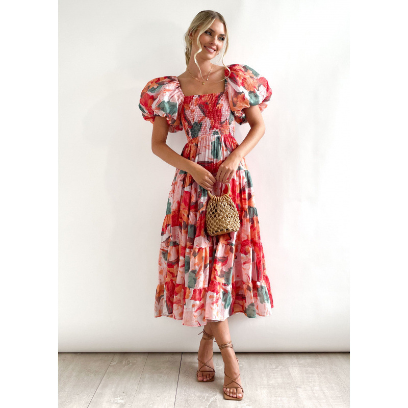 Square Neck Lantern Sleeve High Waist Off-Shoulder Loose Long Dress