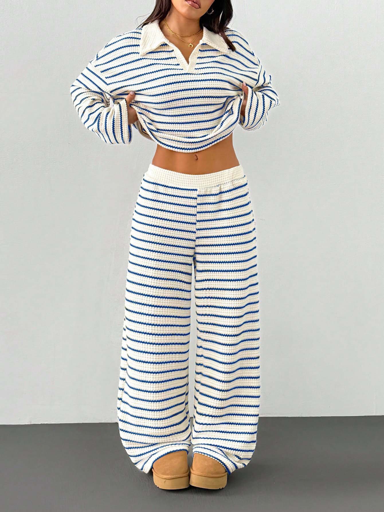 Striped Knit Color-Block Collared V-Neck Long-Sleeve Top & Pants Set