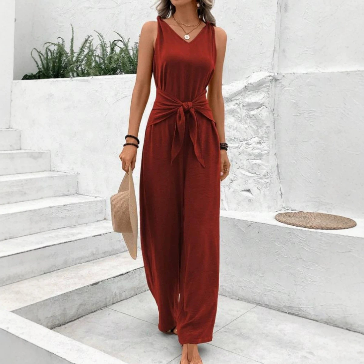 Women's Sleeveless Twist Knot Wide-Leg Jumpsuit