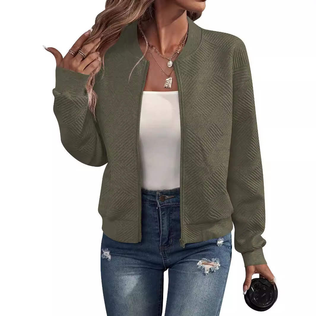 Women's Solid Zip-Up Baseball Collar Casual Jacket