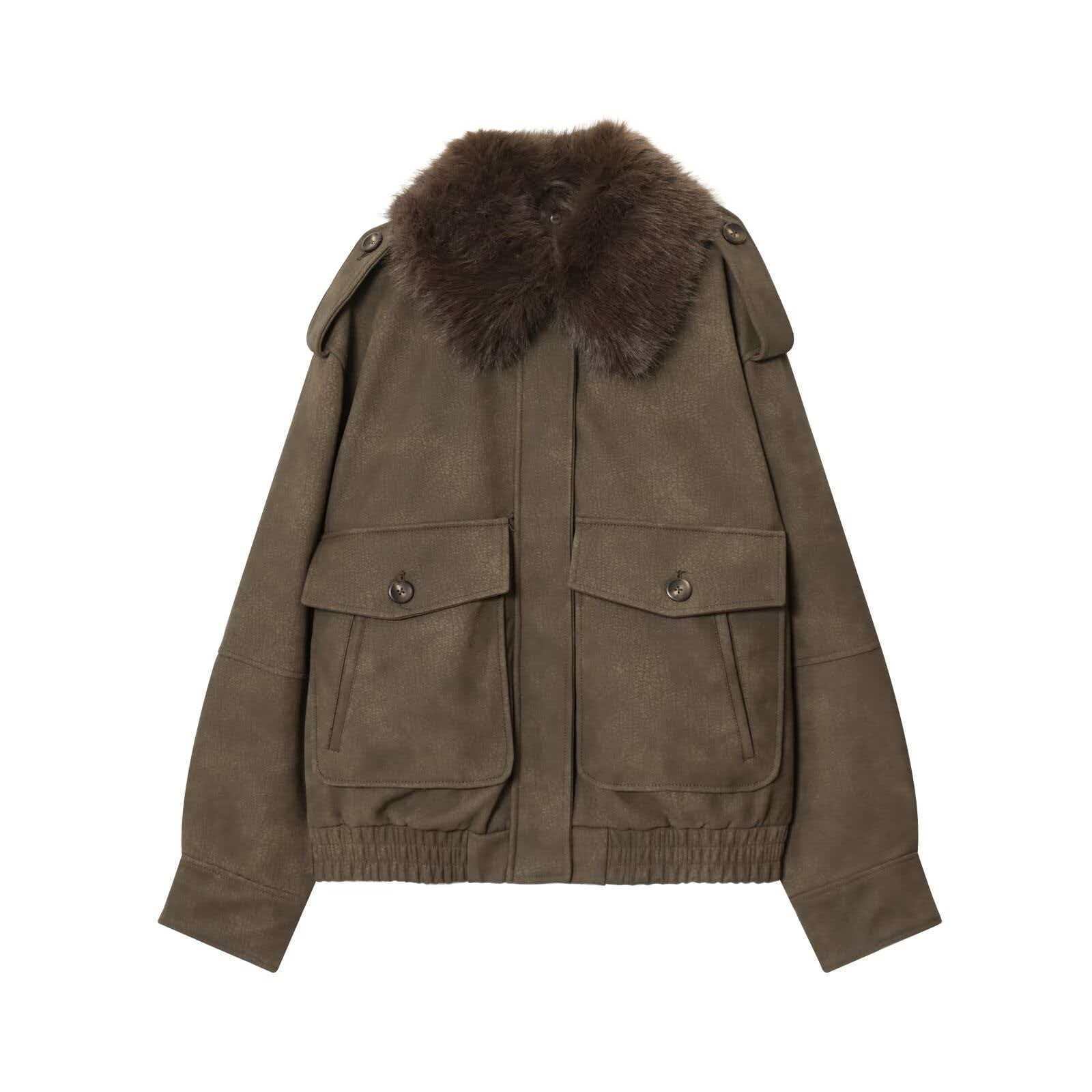 Women's Vintage Army Green Faux Fur Collar Jacket