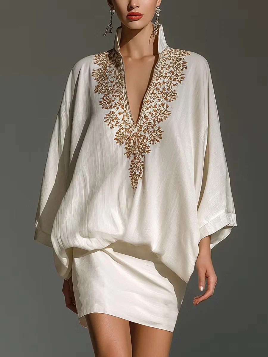 Vintage Gold Embroidered Stand Collar Batwing Sleeve Two-Piece Satin Mini Skirt Set