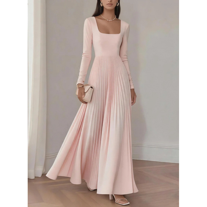 Square Neck Long Sleeve Pleated Maxi Dress Waist-Cinched Evening Gown