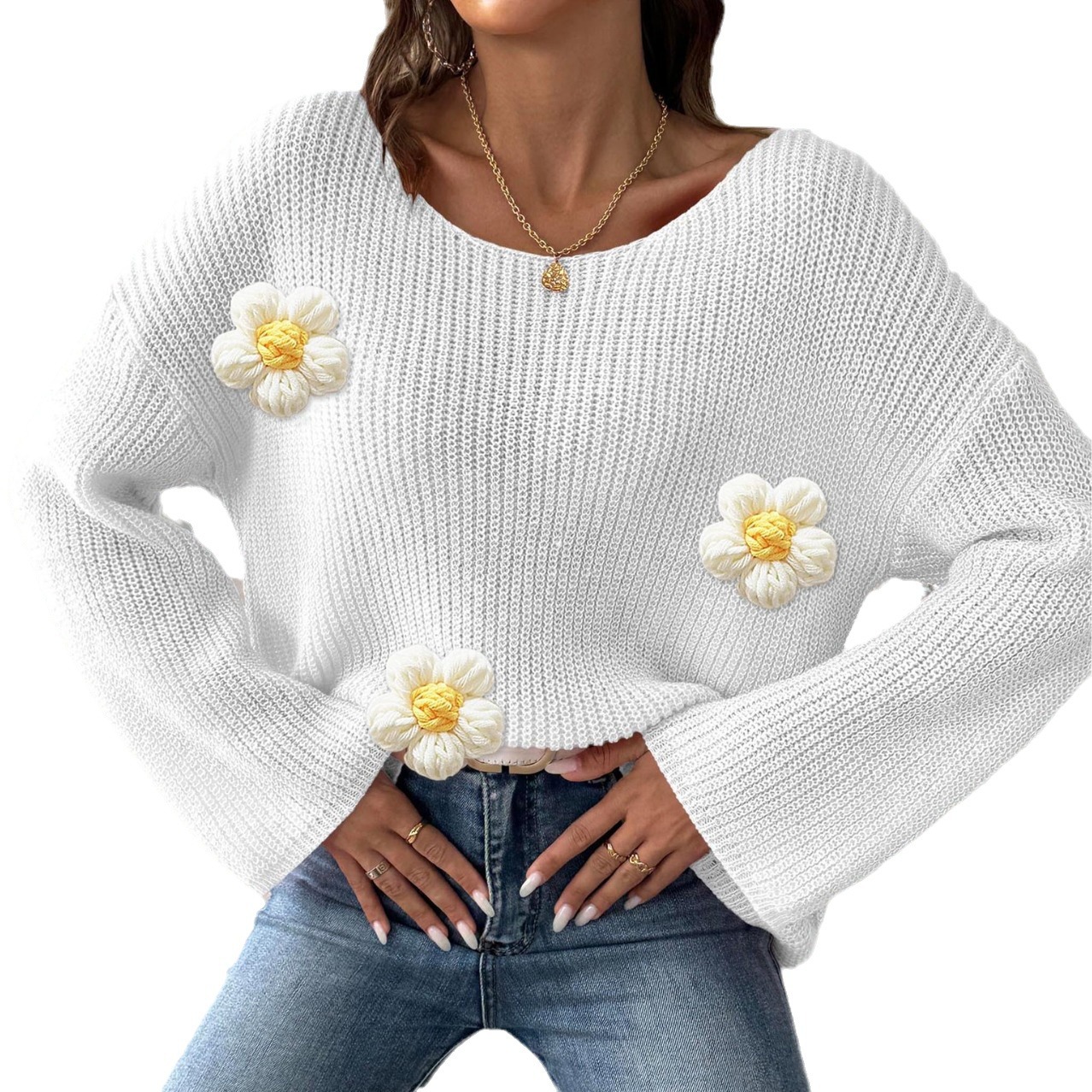 Women's Off-Shoulder Pullover Sweater with Flared Sleeves and Floral Appliqué