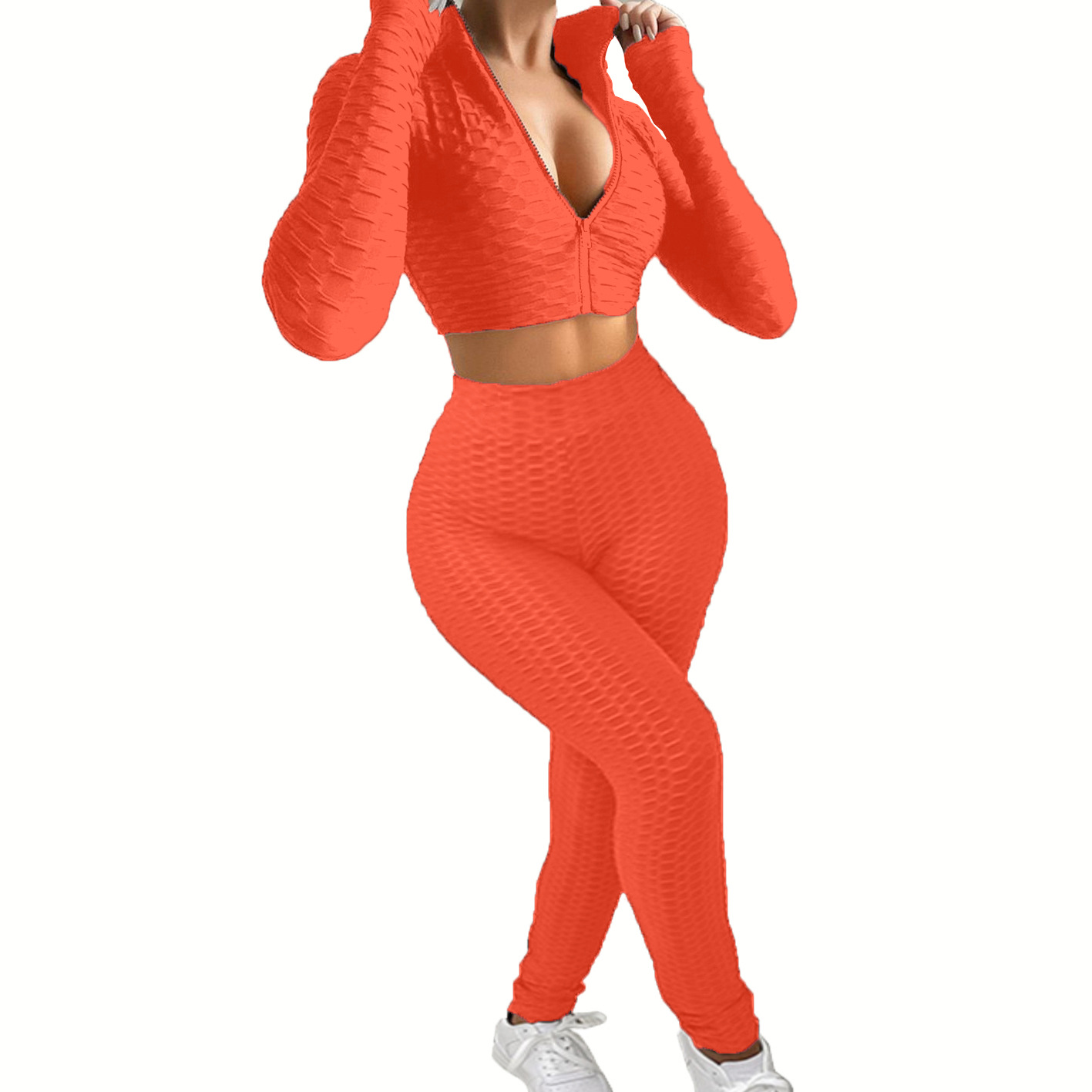 Women's Casual Solid Two-Piece Waffle Knit Tracksuit Set