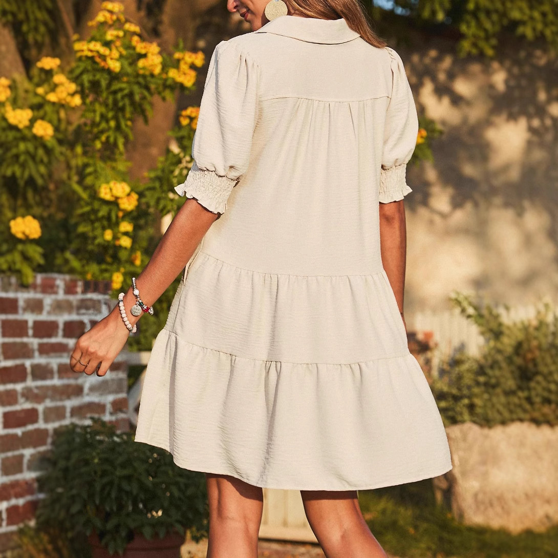 Women's Ruched V-Neck Colorblock Puff Sleeve Midi Dress