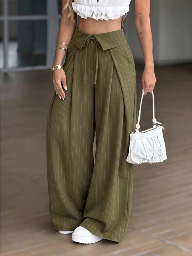 High-Waist Striped Wide-Leg Suit Pants Casual Trousers