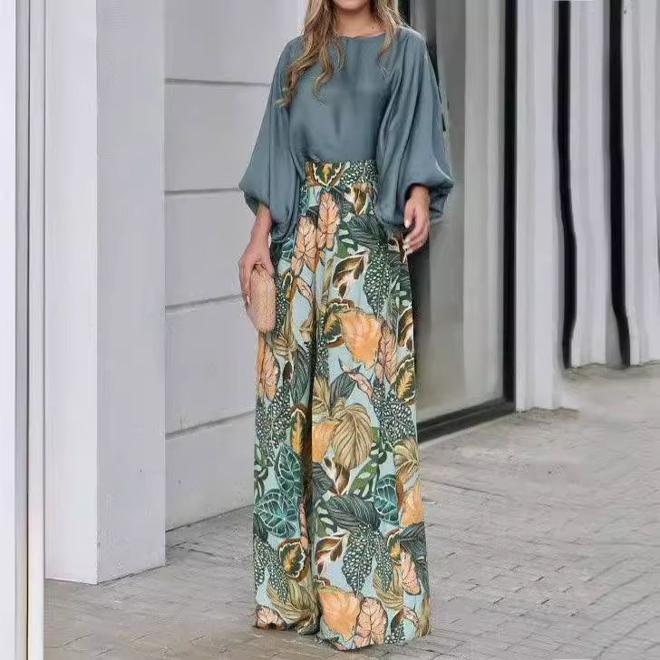 Women's Summer Two-Piece Set with Lantern Sleeve Top and Printed Wide-Leg Pants