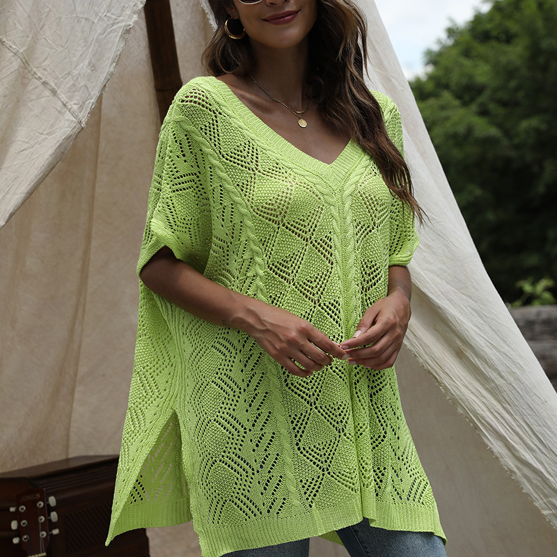 Women's Summer Batwing Sleeve V-Neck Hollow-Out Knit Cover-Up