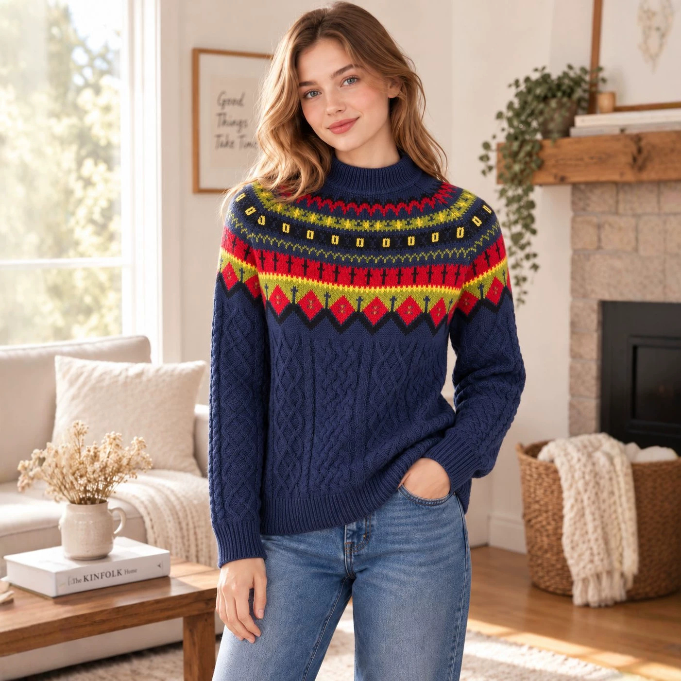 Fair Isle Jacquard Cable Knit Half-Turtleneck Sweater Women Loose Pullover