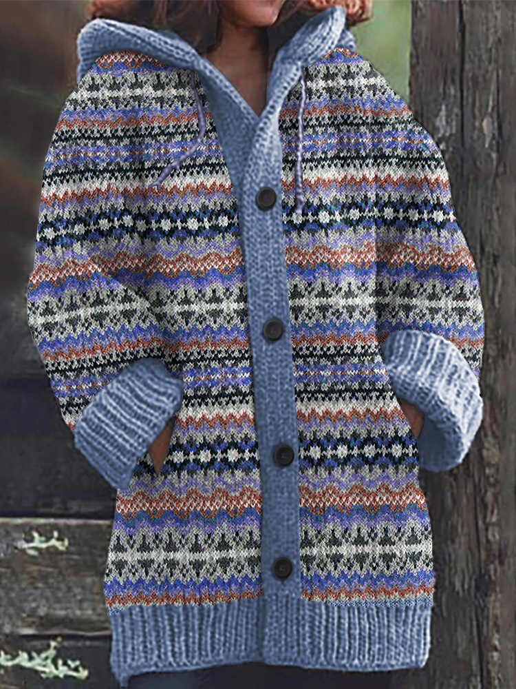 Women's Colorful Animal Print Hooded Button Cardigan Sweater