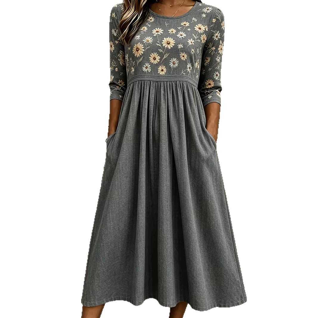 Women's Floral Print Pleated Midi Dress Round Neck Five-Sleeve Slim Fit
