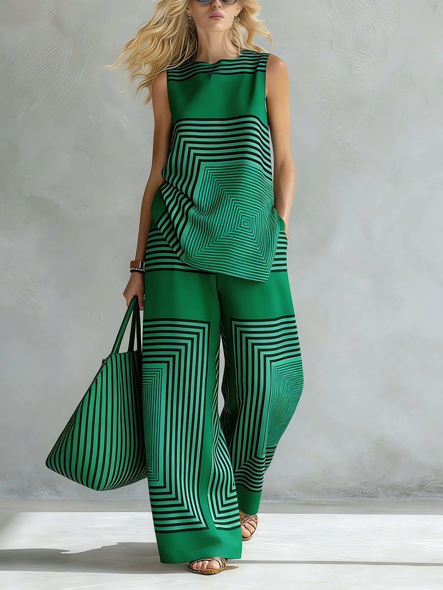 Women's Lightweight Geometric Sleeveless Top and Wide-Leg Pants Set
