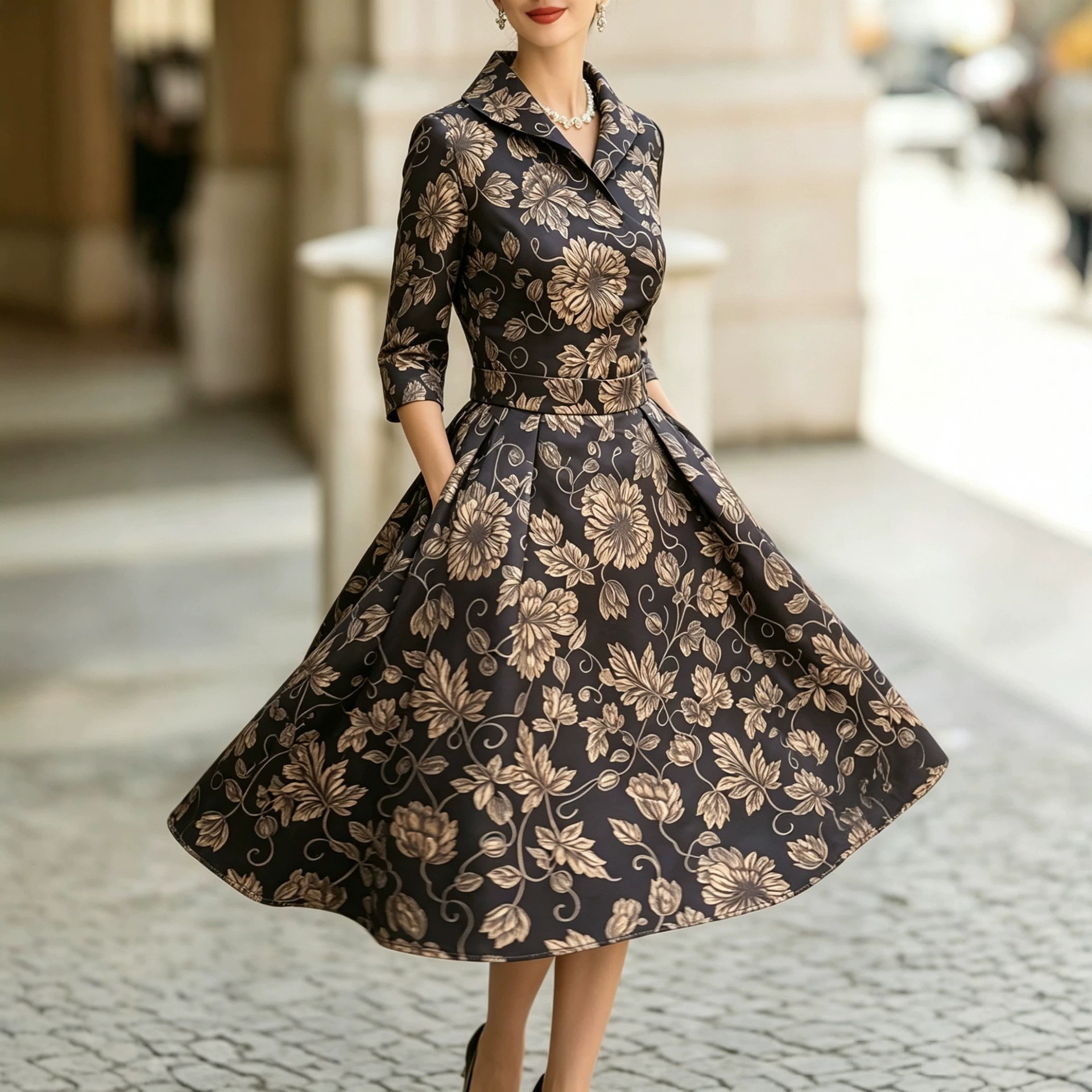 French Vintage Gold Brown Print Dress V-Neck Waist Cinched Seven Sleeve Flared Skirt