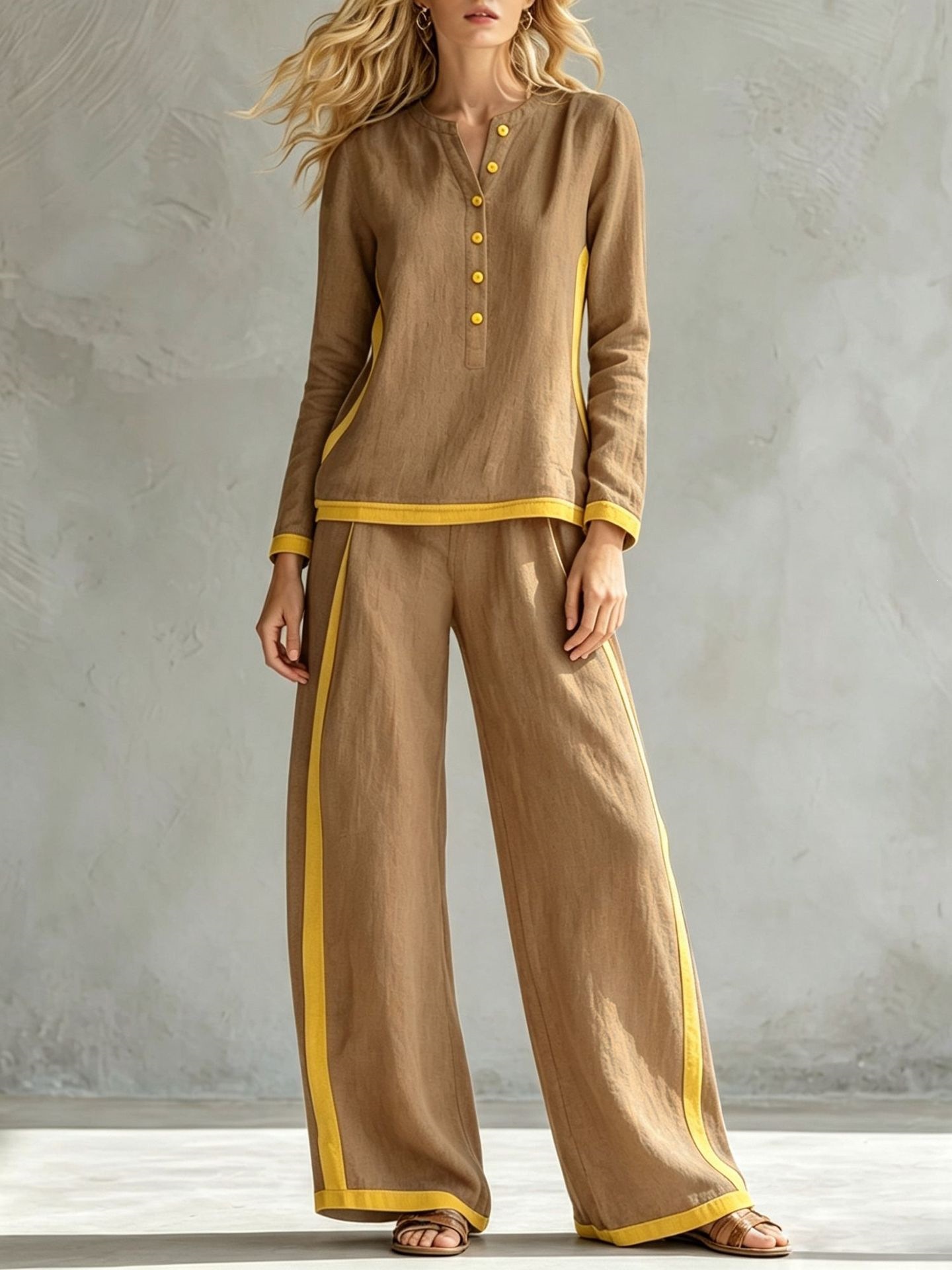 Women's Colorblock Buttoned Half Cardigan & Wide-Leg Pants Set