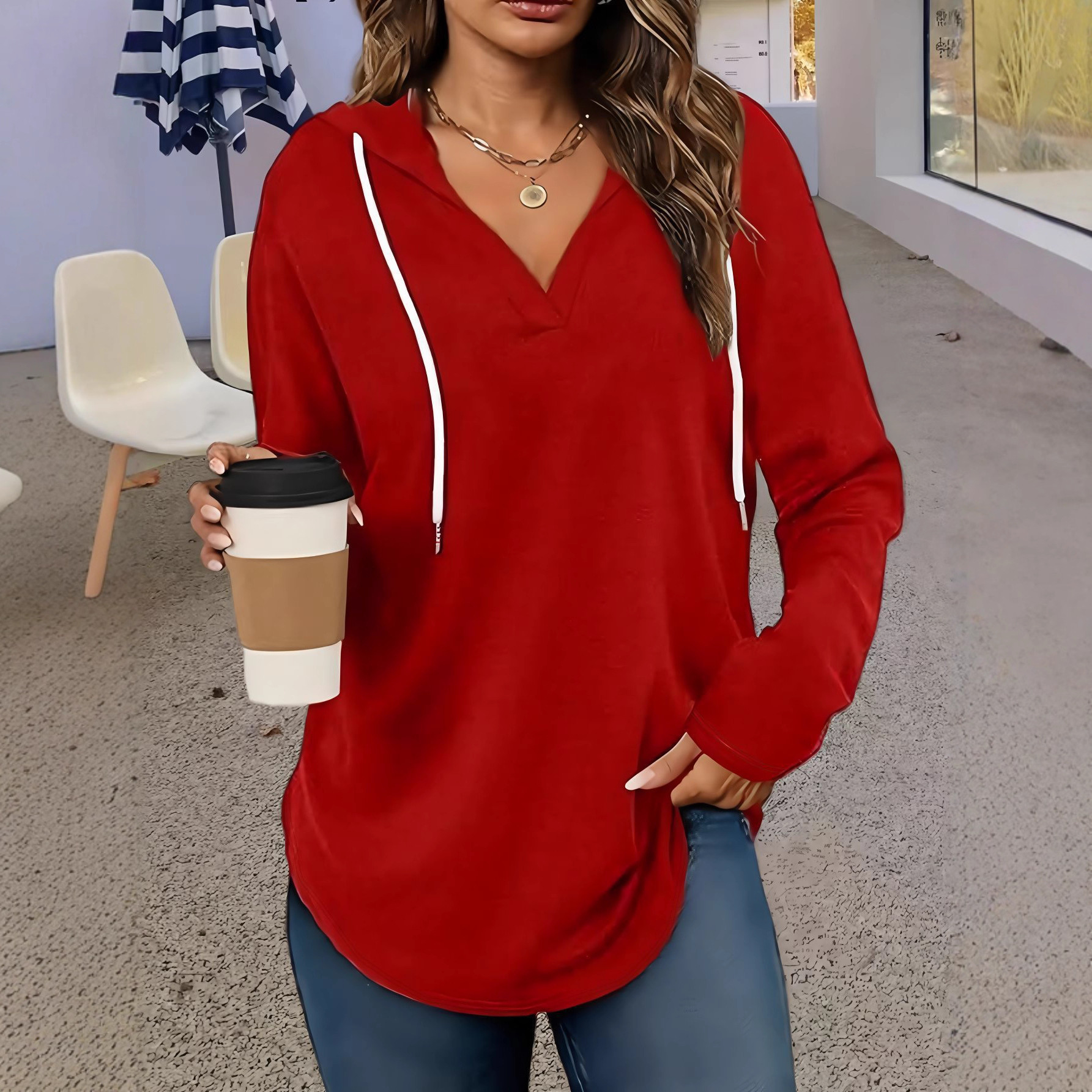 Women's V-Neck Hooded Long-Sleeve Sweatshirt