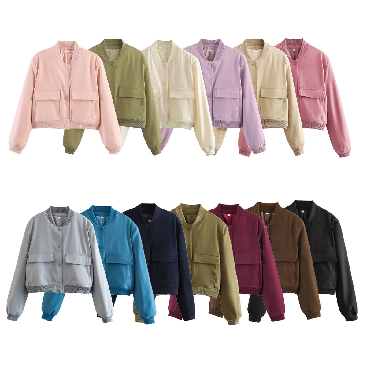 Women's Casual Bomber Jacket – TR Fabric, Button Front, Round Neck