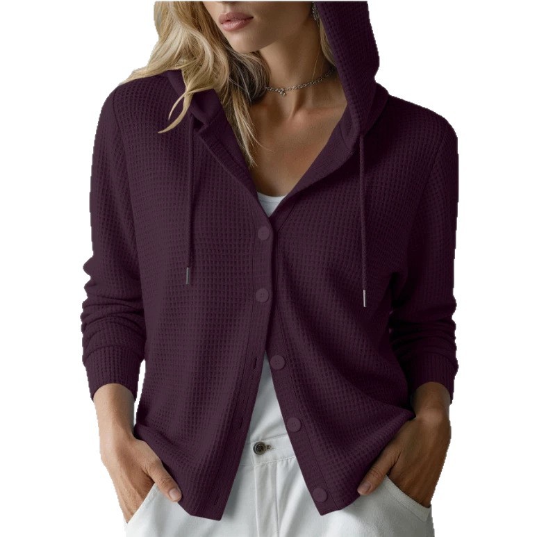 Waffle Knit Hooded Button-Front Cardigan