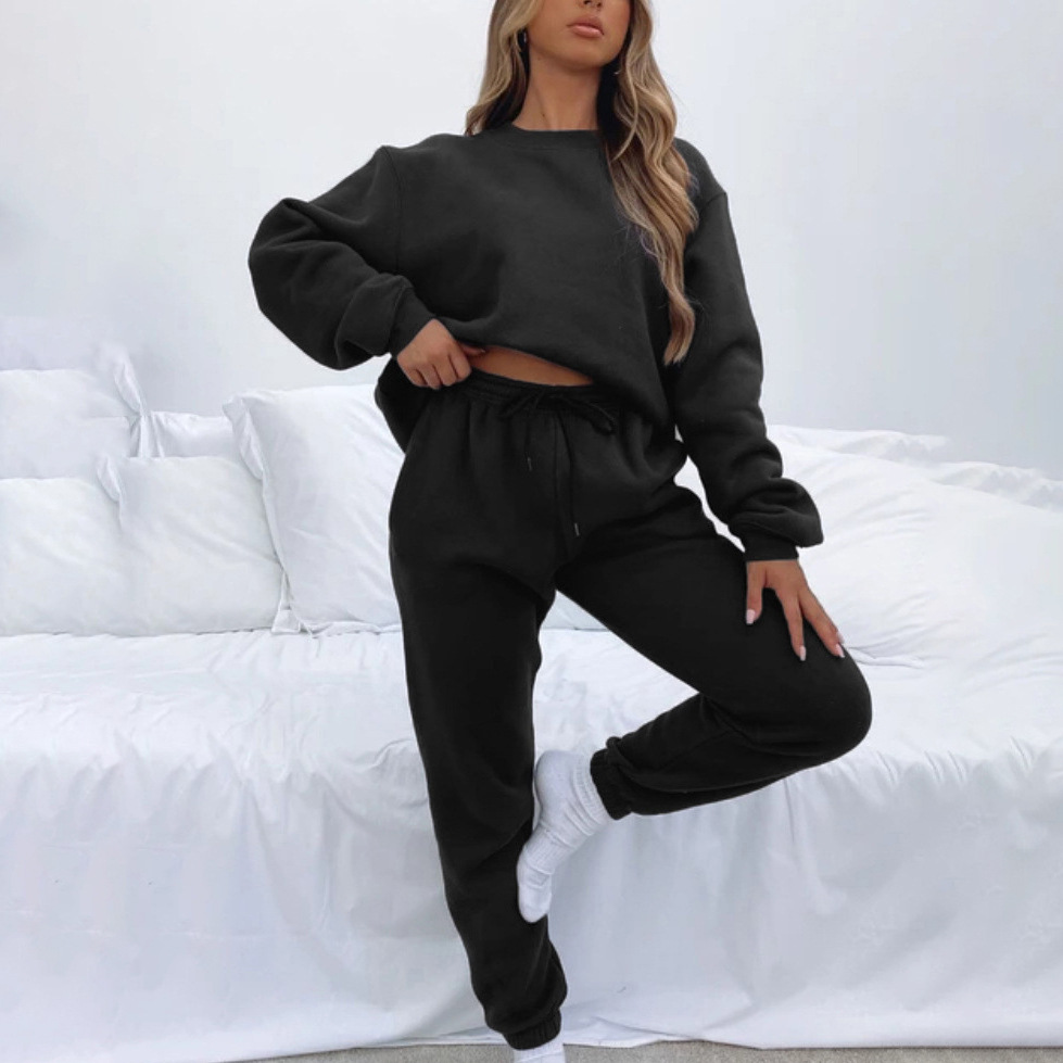 Women's Solid Color Crewneck Long Sleeve Sweatshirt and Pants Set
