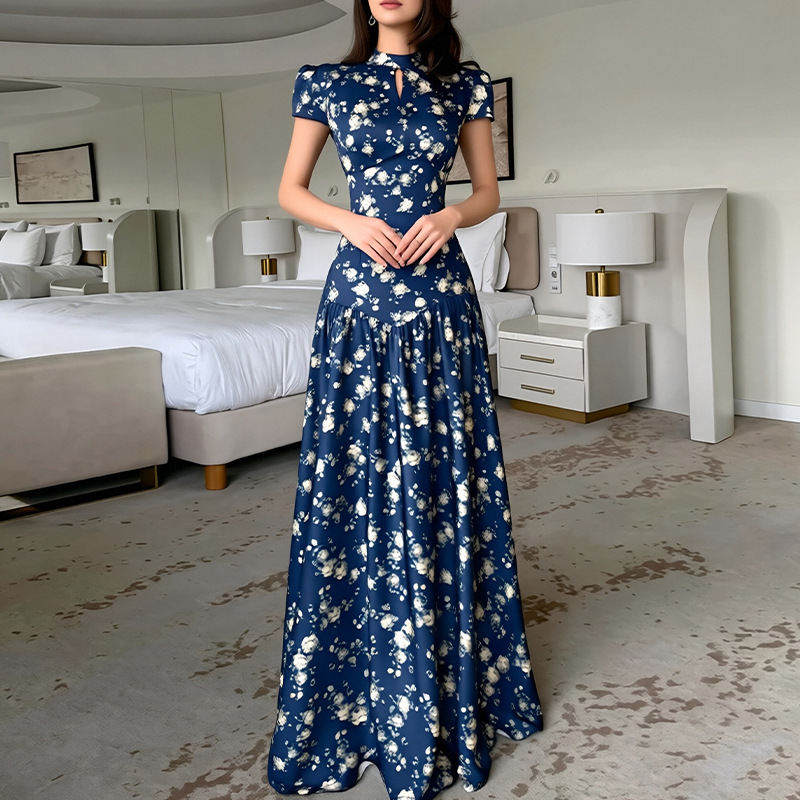 Women's Slim Fit Elegant Floral Print Waist-Cinched French Dress